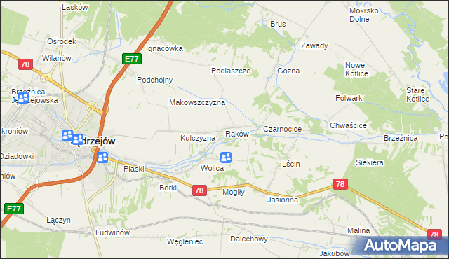 mapa Raków gmina Jędrzejów, Raków gmina Jędrzejów na mapie Targeo