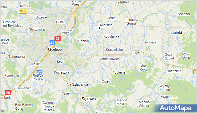 mapa Dominikowice gmina Gorlice, Dominikowice gmina Gorlice na mapie Targeo