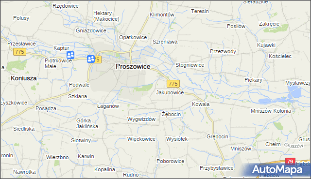 mapa Jakubowice gmina Proszowice, Jakubowice gmina Proszowice na mapie Targeo