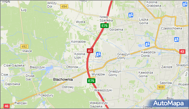 mapa Łojki gmina Blachownia, Łojki gmina Blachownia na mapie Targeo