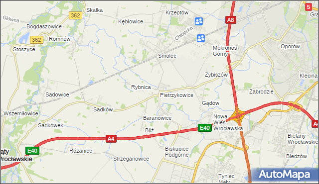 mapa Pietrzykowice gmina Kąty Wrocławskie, Pietrzykowice gmina Kąty Wrocławskie na mapie Targeo