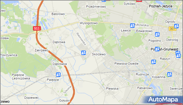 mapa Skórzewo gmina Dopiewo, Skórzewo gmina Dopiewo na mapie Targeo