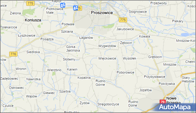 mapa Więckowice gmina Proszowice, Więckowice gmina Proszowice na mapie Targeo