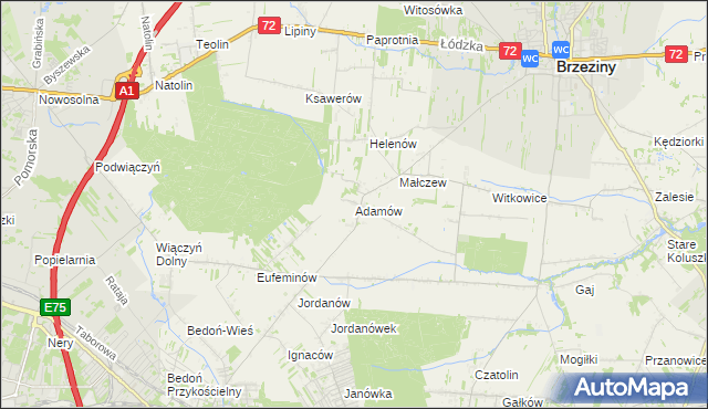 mapa Adamów gmina Brzeziny, Adamów gmina Brzeziny na mapie Targeo