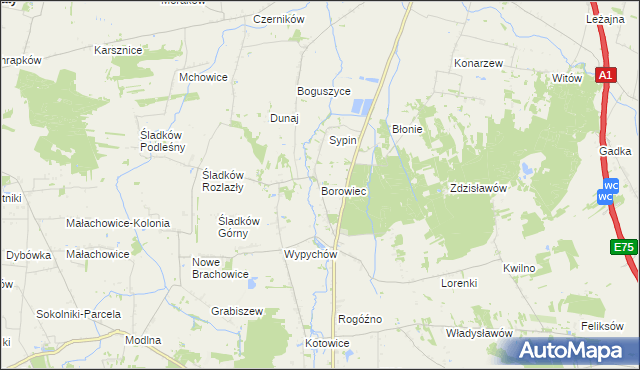 mapa Borowiec gmina Piątek, Borowiec gmina Piątek na mapie Targeo