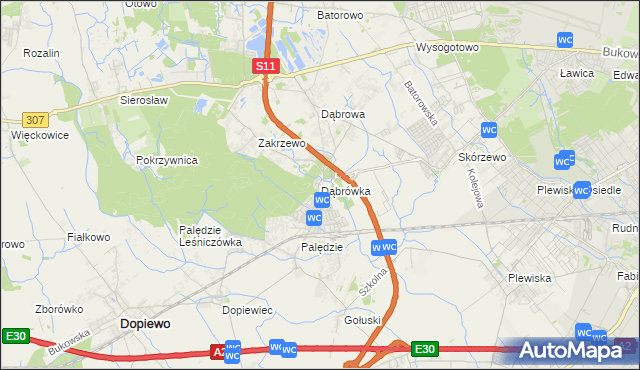 mapa Dąbrówka gmina Dopiewo, Dąbrówka gmina Dopiewo na mapie Targeo