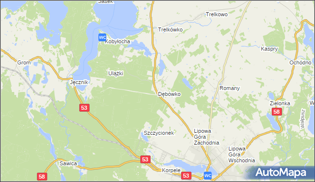 mapa Dębówko gmina Szczytno, Dębówko gmina Szczytno na mapie Targeo