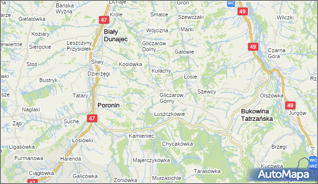 mapa Gliczarów Górny, Gliczarów Górny na mapie Targeo