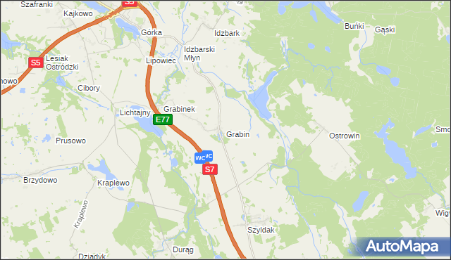 mapa Grabin gmina Ostróda, Grabin gmina Ostróda na mapie Targeo