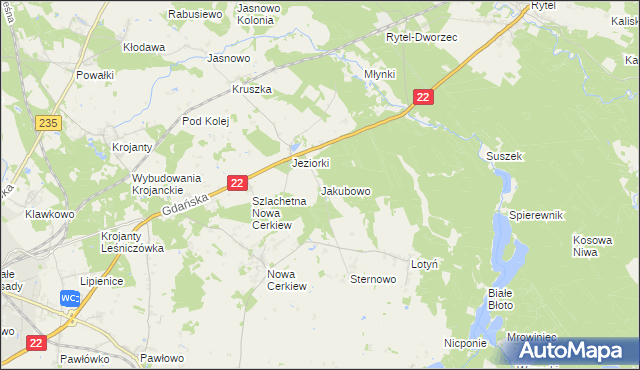 mapa Jakubowo gmina Chojnice, Jakubowo gmina Chojnice na mapie Targeo