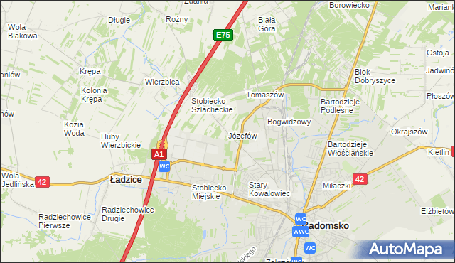 mapa Józefów gmina Ładzice, Józefów gmina Ładzice na mapie Targeo