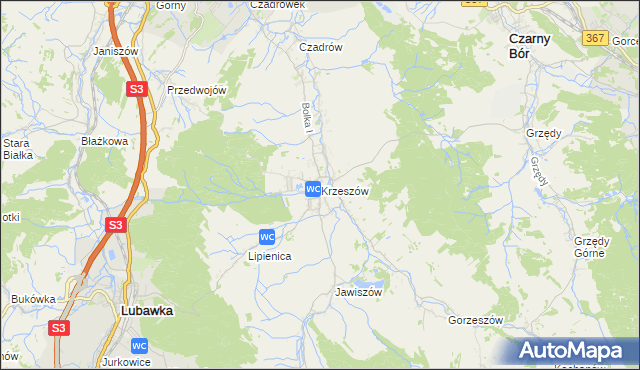 mapa Krzeszów gmina Kamienna Góra, Krzeszów gmina Kamienna Góra na mapie Targeo