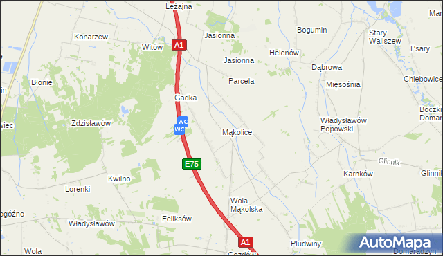 mapa Mąkolice gmina Głowno, Mąkolice gmina Głowno na mapie Targeo