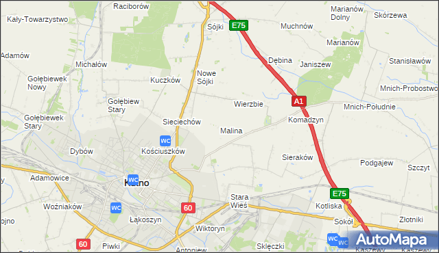 mapa Malina gmina Kutno, Malina gmina Kutno na mapie Targeo