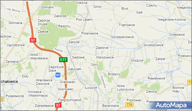 mapa Marszowice gmina Kocmyrzów-Luborzyca, Marszowice gmina Kocmyrzów-Luborzyca na mapie Targeo
