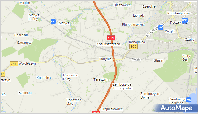 mapa Marynin gmina Konopnica, Marynin gmina Konopnica na mapie Targeo