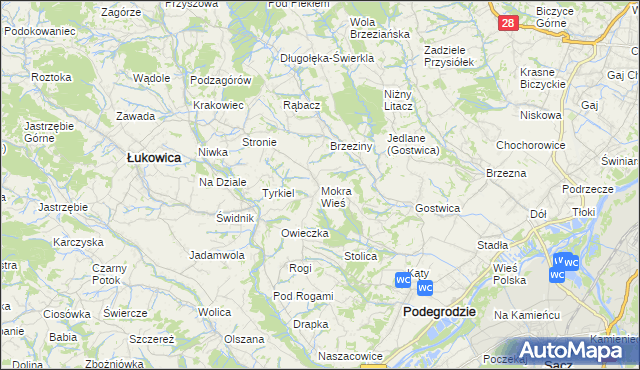 mapa Mokra Wieś gmina Podegrodzie, Mokra Wieś gmina Podegrodzie na mapie Targeo