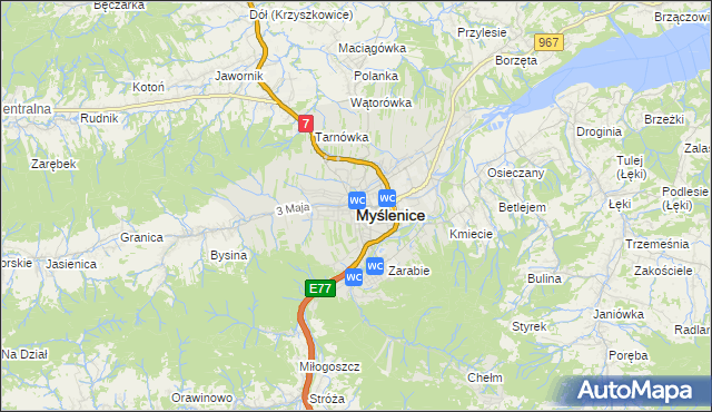 mapa Myślenice, Myślenice na mapie Targeo