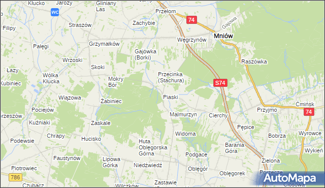 mapa Piaski gmina Mniów, Piaski gmina Mniów na mapie Targeo
