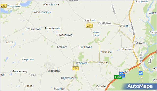 mapa Piotrkówko gmina Sicienko, Piotrkówko gmina Sicienko na mapie Targeo
