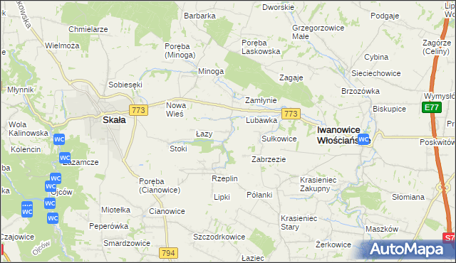 mapa Przybysławice gmina Skała, Przybysławice gmina Skała na mapie Targeo