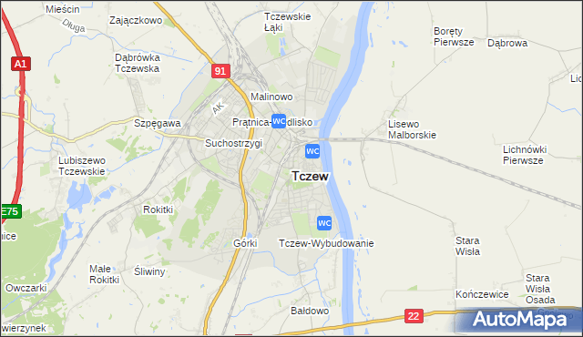 mapa Tczew, Tczew na mapie Targeo
