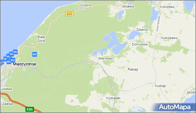 mapa Warnowo gmina Wolin, Warnowo gmina Wolin na mapie Targeo