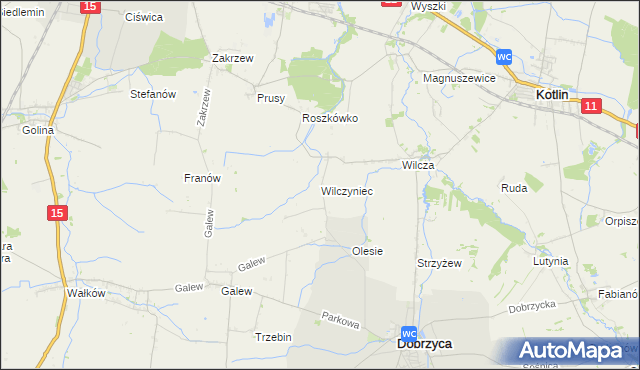 mapa Wilczyniec gmina Jarocin, Wilczyniec gmina Jarocin na mapie Targeo