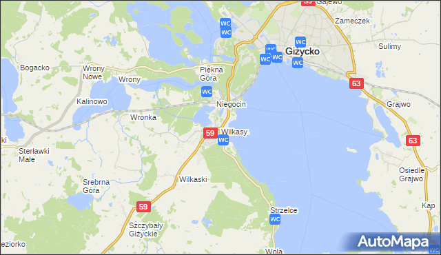 mapa Wilkasy gmina Giżycko, Wilkasy gmina Giżycko na mapie Targeo