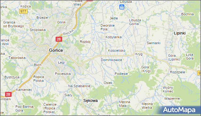 mapa Dominikowice gmina Gorlice, Dominikowice gmina Gorlice na mapie Targeo