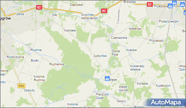 mapa Justynów gmina Sokołów Podlaski, Justynów gmina Sokołów Podlaski na mapie Targeo