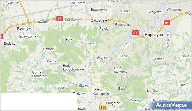 mapa Okonin gmina Ropczyce, Okonin gmina Ropczyce na mapie Targeo