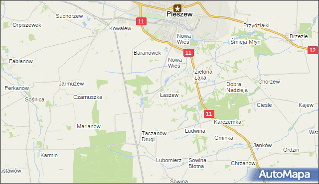 mapa Łaszew gmina Pleszew, Łaszew gmina Pleszew na mapie Targeo
