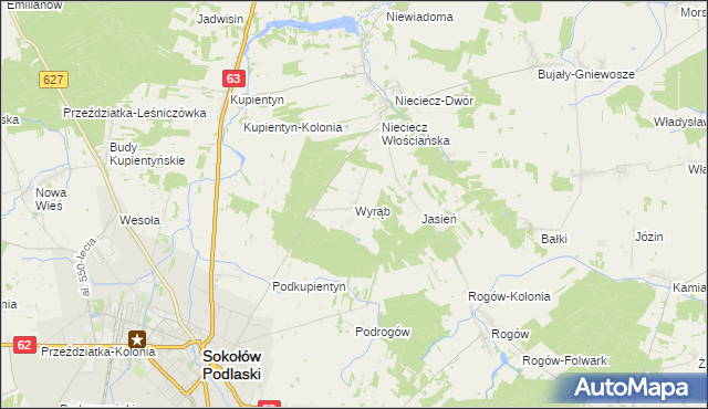 mapa Wyrąb gmina Sokołów Podlaski, Wyrąb gmina Sokołów Podlaski na mapie Targeo