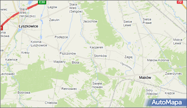 mapa Słomków gmina Maków, Słomków gmina Maków na mapie Targeo