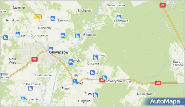 mapa Adamów gmina Głowaczów, Adamów gmina Głowaczów na mapie Targeo