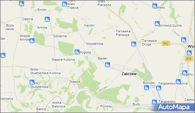 mapa Baraki gmina Zakrzew, Baraki gmina Zakrzew na mapie Targeo