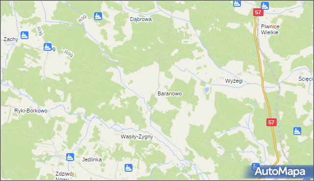 mapa Baranowo gmina Wielbark, Baranowo gmina Wielbark na mapie Targeo