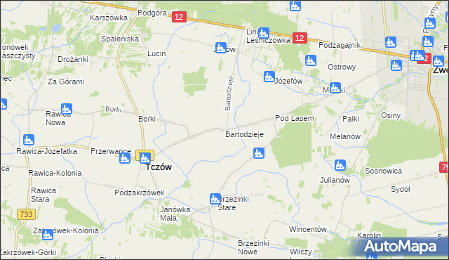 mapa Bartodzieje gmina Tczów, Bartodzieje gmina Tczów na mapie Targeo