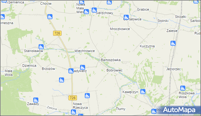 mapa Bartoszówka gmina Rzeczyca, Bartoszówka gmina Rzeczyca na mapie Targeo