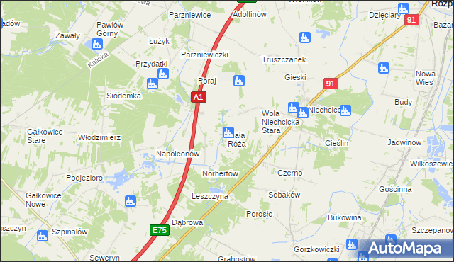 mapa Biała Róża gmina Rozprza, Biała Róża gmina Rozprza na mapie Targeo