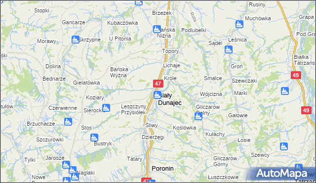 mapa Biały Dunajec, Biały Dunajec na mapie Targeo