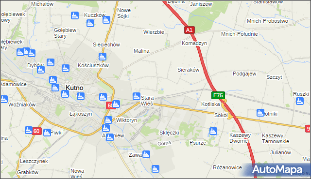 mapa Bielawki gmina Kutno, Bielawki gmina Kutno na mapie Targeo