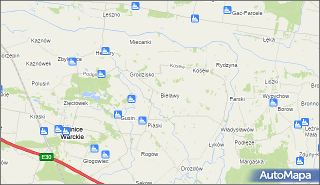 mapa Bielawy gmina Świnice Warckie, Bielawy gmina Świnice Warckie na mapie Targeo