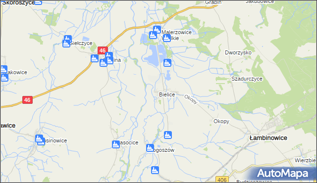 mapa Bielice gmina Łambinowice, Bielice gmina Łambinowice na mapie Targeo