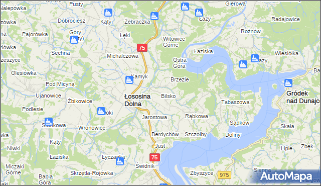 mapa Bilsko gmina Łososina Dolna, Bilsko gmina Łososina Dolna na mapie Targeo