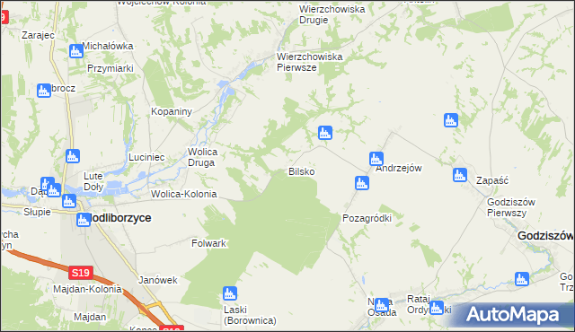 mapa Bilsko gmina Modliborzyce, Bilsko gmina Modliborzyce na mapie Targeo