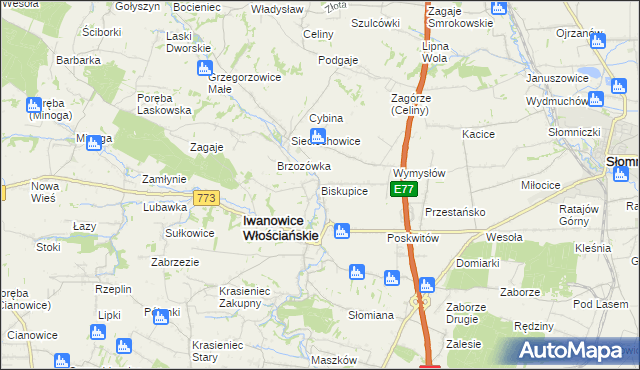 mapa Biskupice gmina Iwanowice, Biskupice gmina Iwanowice na mapie Targeo