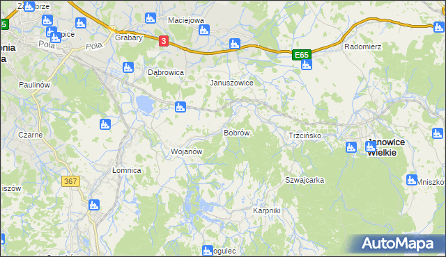 mapa Bobrów gmina Mysłakowice, Bobrów gmina Mysłakowice na mapie Targeo