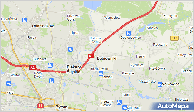 mapa Bobrowniki powiat będziński, Bobrowniki powiat będziński na mapie Targeo